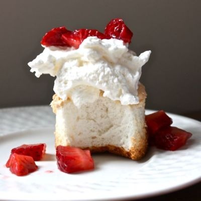 Strawberry Topping Angel Food Cake with Cupcakes