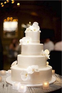 White Wedding Cake with Orchids